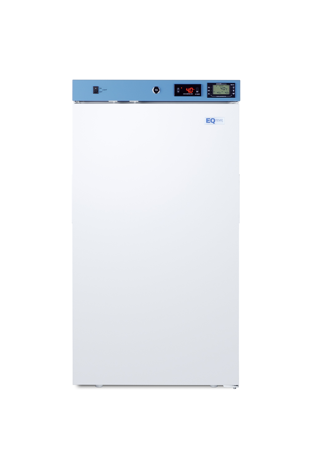Healthcare all-refrigerator with self-closing solid door, front lock, digital controls, and external temperature readout